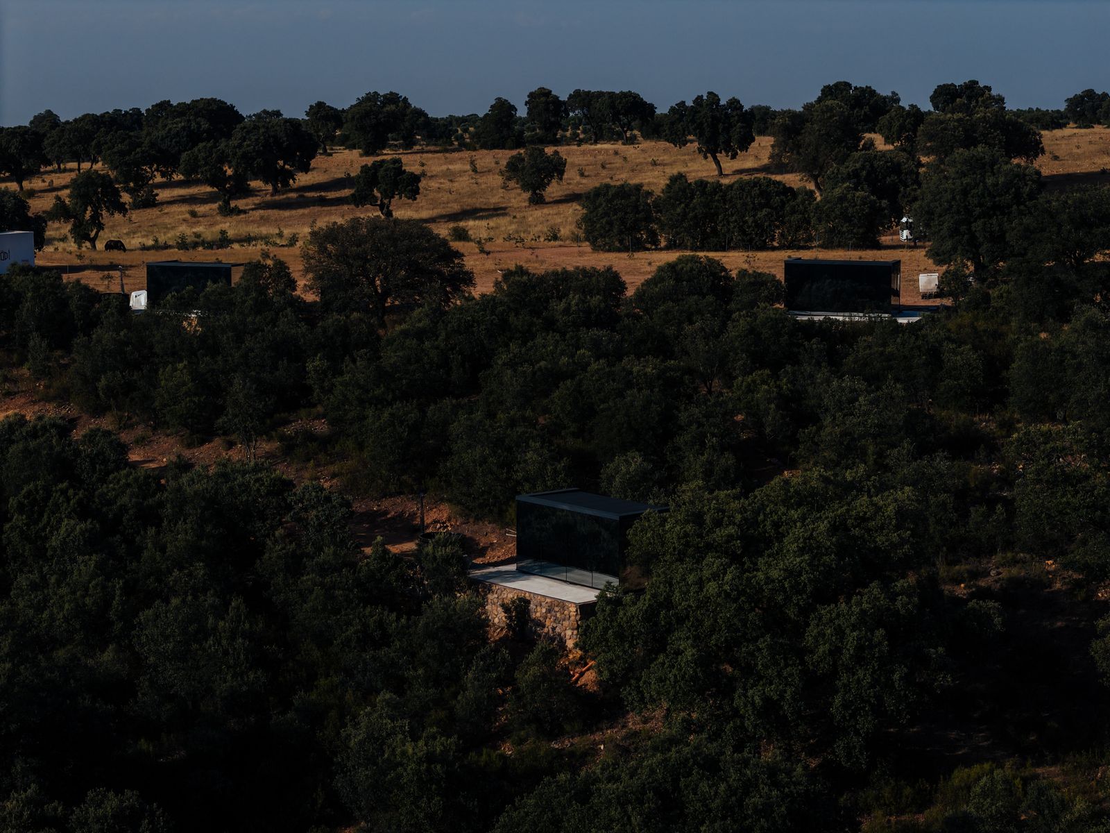 Casas Espejo de Cork Valley separadas entre encinas al anochecer, vistas desde el aire