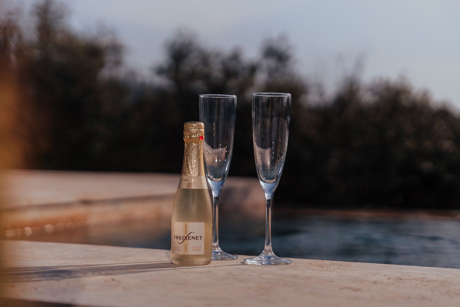 Dos copas y una botella de cava al borde de la piscina de una Casa Espejo en Cork Valley